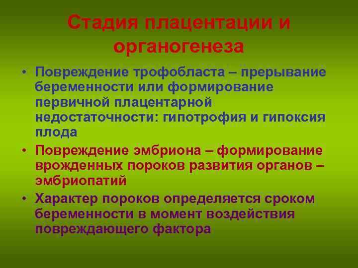 Стадия плацентации и органогенеза • Повреждение трофобласта – прерывание беременности или формирование первичной плацентарной