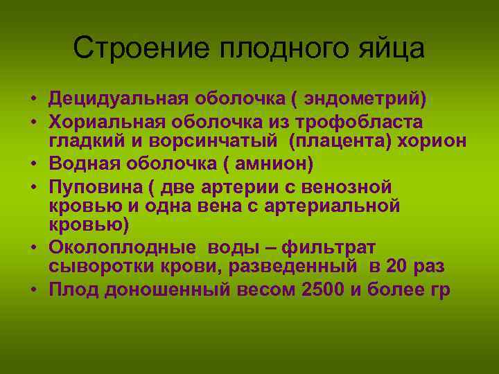 Строение плодного яйца • Децидуальная оболочка ( эндометрий) • Хориальная оболочка из трофобласта гладкий