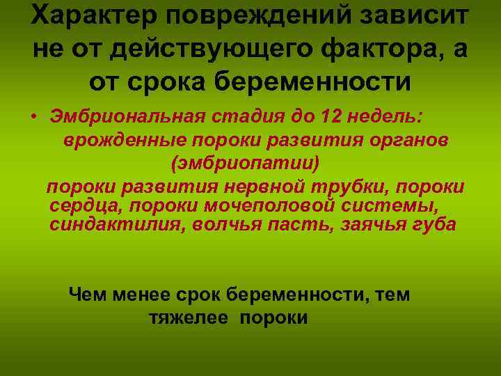 Характер повреждений зависит не от действующего фактора, а от срока беременности • Эмбриональная стадия