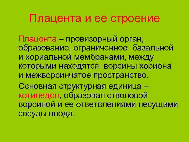 Плацента и ее строение Плацента – провизорный орган, образование, ограниченное базальной и хориальной мембранами,