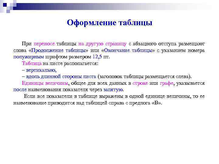 Оформление таблицы При переносе таблицы на другую страницу с абзацного отступа размещают слова «Продолжение