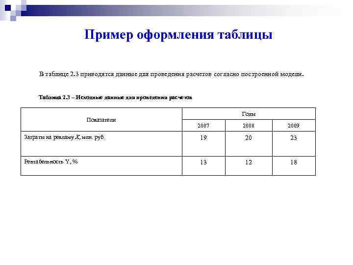 Пример оформления таблицы В таблице 2. 3 приводятся данные для проведения расчетов согласно построенной