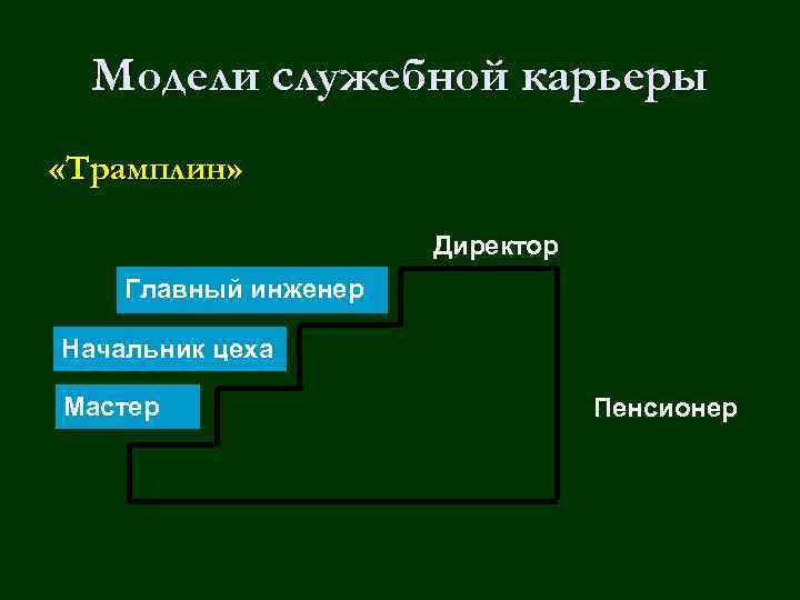 Модели служебной карьеры «Трамплин» Директор Главный инженер Начальник цеха Мастер Пенсионер 