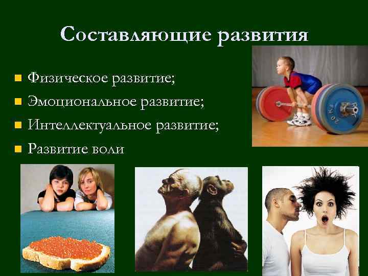 Составляющие развития Физическое развитие; n Эмоциональное развитие; n Интеллектуальное развитие; n Развитие воли n