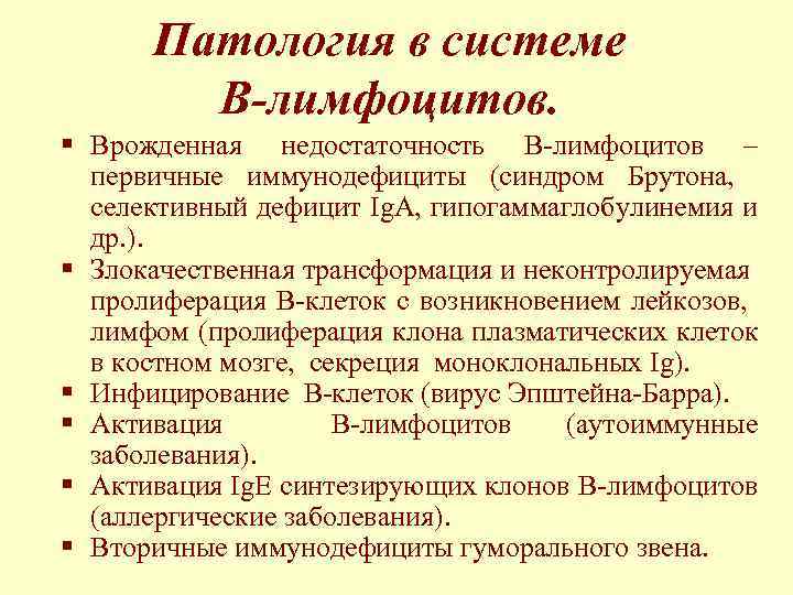Патология в системе В-лимфоцитов. § Врожденная недостаточность В-лимфоцитов – первичные иммунодефициты (синдром Брутона, селективный