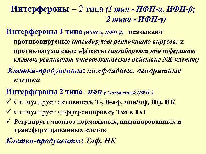 Интерфероны – 2 типа (1 тип - ИФН-α, ИФН-β; 2 типа - ИФН-γ) Интерфероны