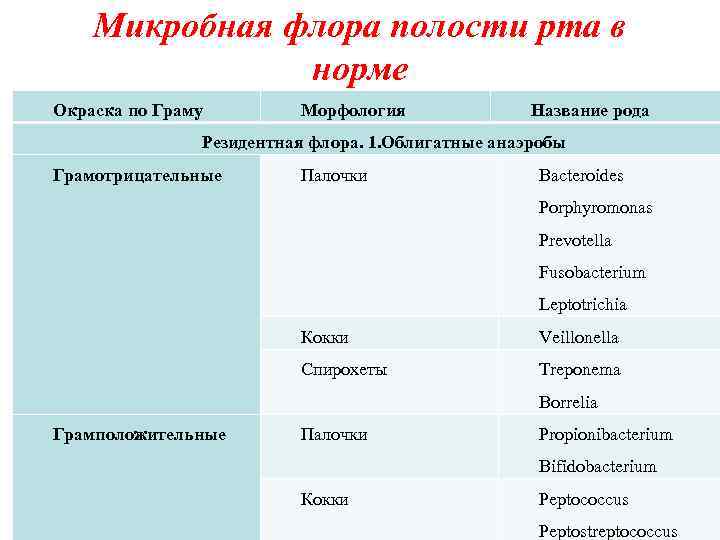 Микробная флора полости рта в норме Окраска по Граму Морфология Название рода Резидентная флора.