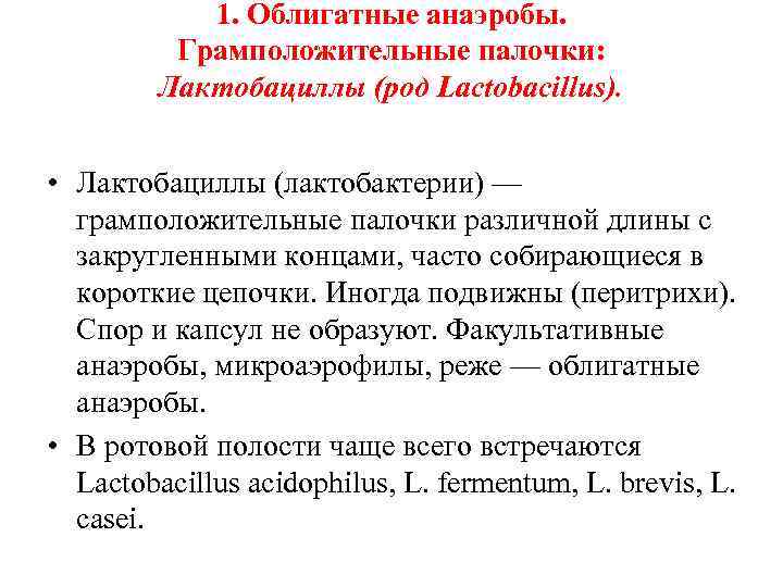 1. Облигатные анаэробы. Грамположительные палочки: Лактобациллы (род Lactobacillus). • Лактобациллы (лактобактерии) — грамположительные палочки