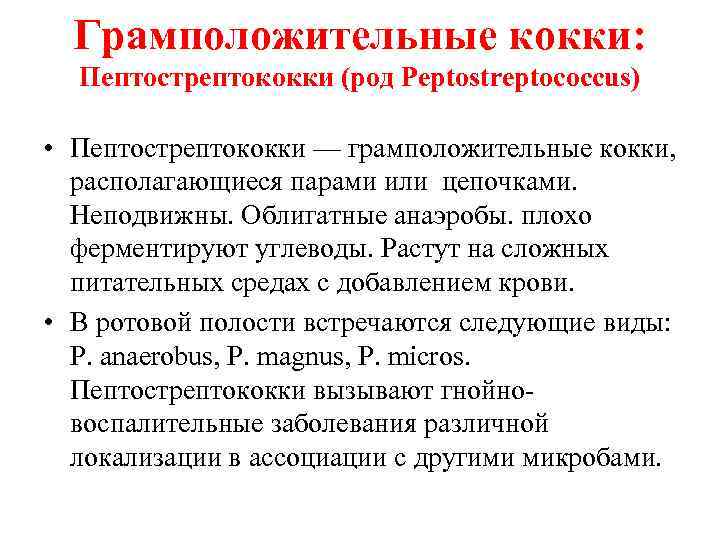 Грамположительные кокки: Пептострептококки (род Peptostreptococcus) • Пептострептококки — грамположительные кокки, располагающиеся парами или цепочками.