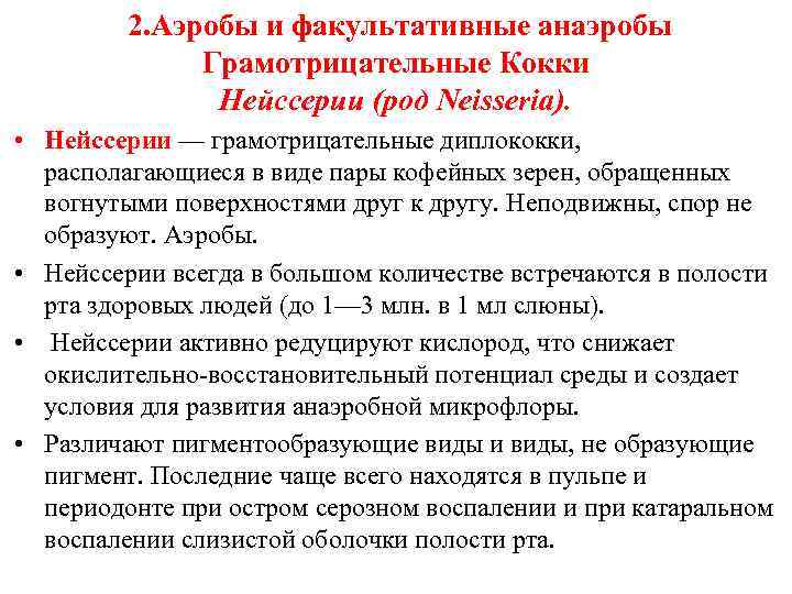  2. Аэробы и факультативные анаэробы Грамотрицательные Кокки Нейссерии (род Neisseria). • Нейссерии —