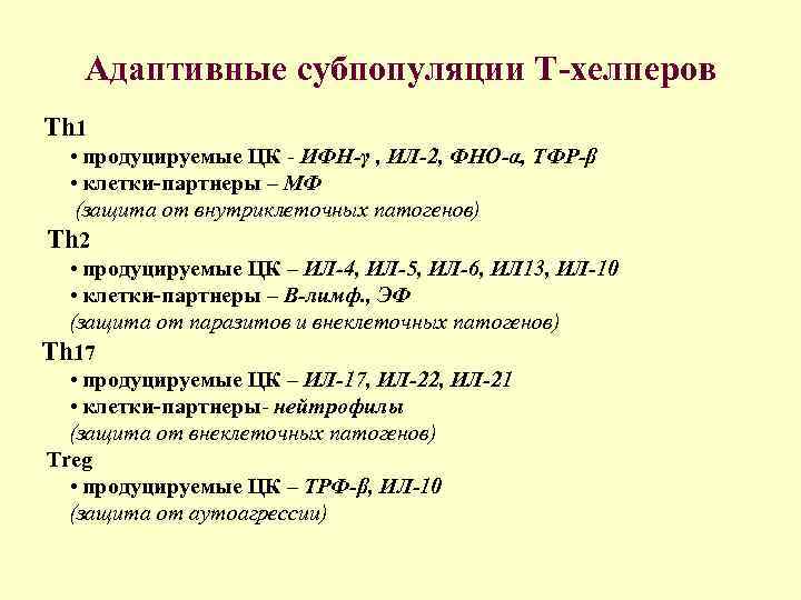 Адаптивные субпопуляции Т-хелперов Th 1 • продуцируемые ЦК - ИФН-γ , ИЛ-2, ФНО-α, ТФР-β