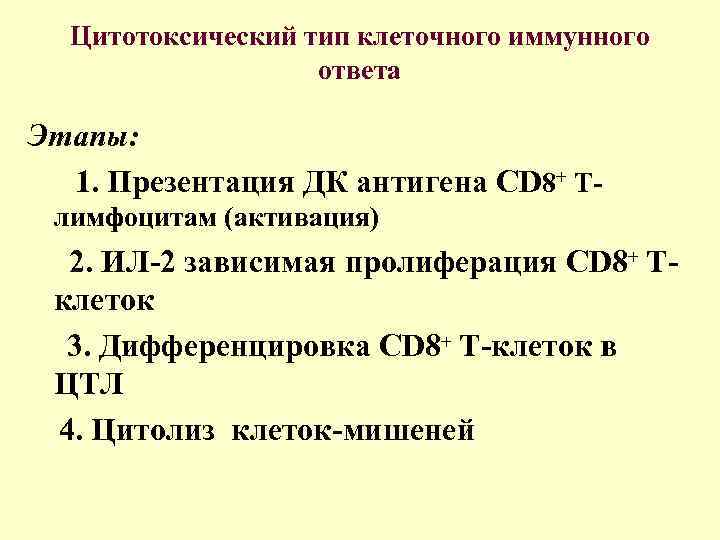 Цитотоксический тип клеточного иммунного ответа Этапы: 1. Презентация ДК антигена CD 8+ Тлимфоцитам (активация)