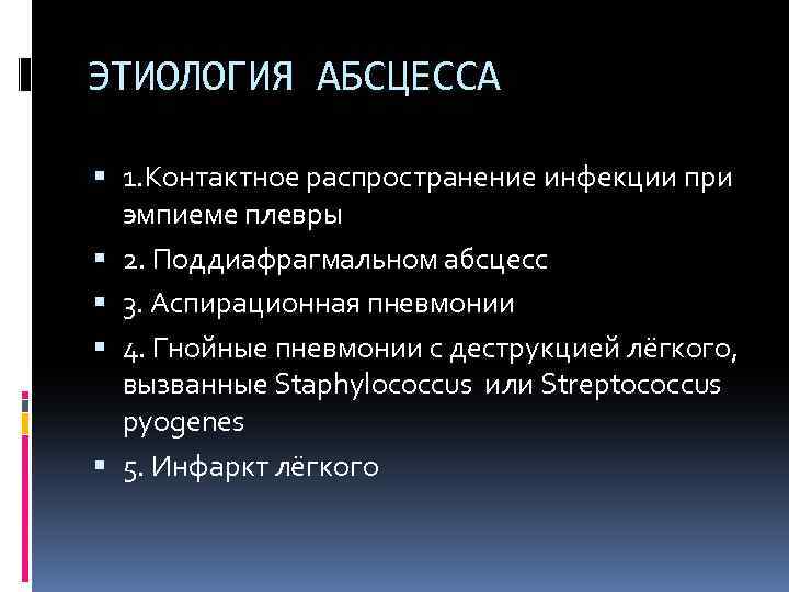 ЭТИОЛОГИЯ АБСЦЕССА 1. Контактное распространение инфекции при эмпиеме плевры 2. Поддиафрагмальном абсцесс 3. Аспирационная