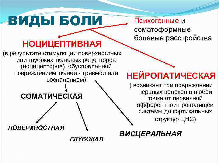 ВИДЫ БОЛИ Психогенные и соматоформные болевые расстройства НОЦИЦЕПТИВНАЯ (в результате стимуляции поверхностных или глубоких