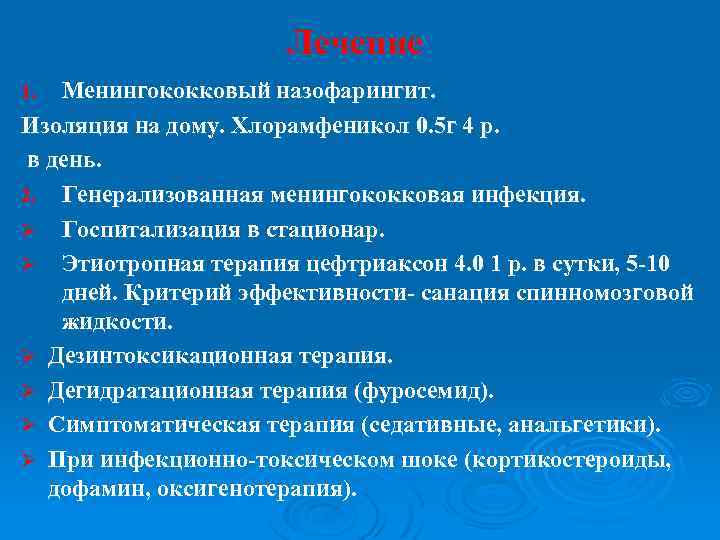 Лечение Менингококковый назофарингит. Изоляция на дому. Хлорамфеникол 0. 5 г 4 р. в день.