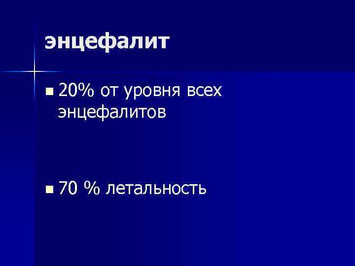 энцефалит n 20% от уровня всех энцефалитов n 70 % летальность 