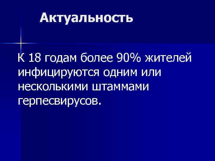 Актуальность К 18 годам более 90% жителей инфицируются одним или несколькими штаммами герпесвирусов. 