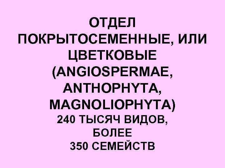 ОТДЕЛ ПОКРЫТОСЕМЕННЫЕ, ИЛИ ЦВЕТКОВЫЕ (ANGIOSPERMAE, ANTHOPHYTA, MAGNOLIOPHYTA) 240 ТЫСЯЧ ВИДОВ, БОЛЕЕ 350 СЕМЕЙСТВ 