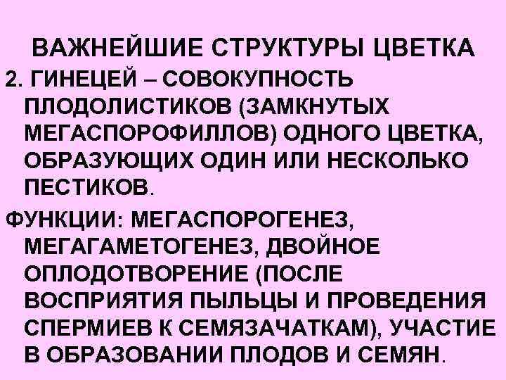 ВАЖНЕЙШИЕ СТРУКТУРЫ ЦВЕТКА 2. ГИНЕЦЕЙ – СОВОКУПНОСТЬ ПЛОДОЛИСТИКОВ (ЗАМКНУТЫХ МЕГАСПОРОФИЛЛОВ) ОДНОГО ЦВЕТКА, ОБРАЗУЮЩИХ ОДИН