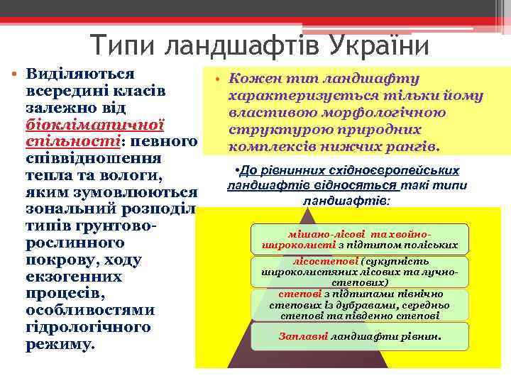 Типи ландшафтів України • Виділяються всередині класів залежно від біокліматичної спільності: певного співвідношення тепла