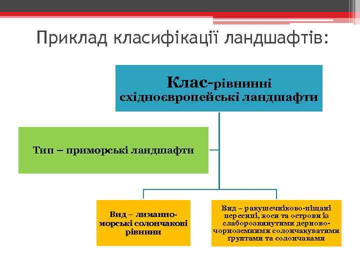 Приклад класифікації ландшафтів: Клас-рівнинні східноєвропейські ландшафти Тип – приморські ландшафти Вид – лиманноморські солончакові