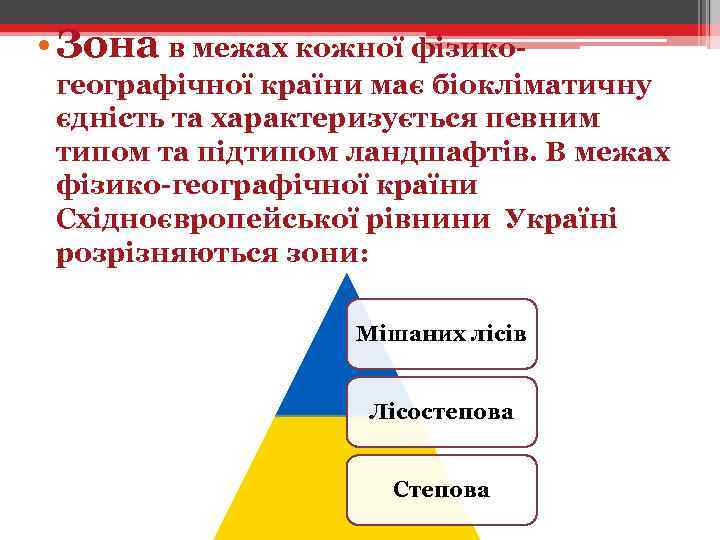  • Зона в межах кожної фізикогеографічної країни має біокліматичну єдність та характеризується певним