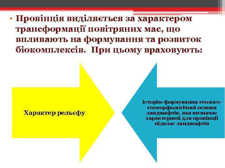  • Провінція виділяється за характером трансформації повітряних мас, що впливають на формування та