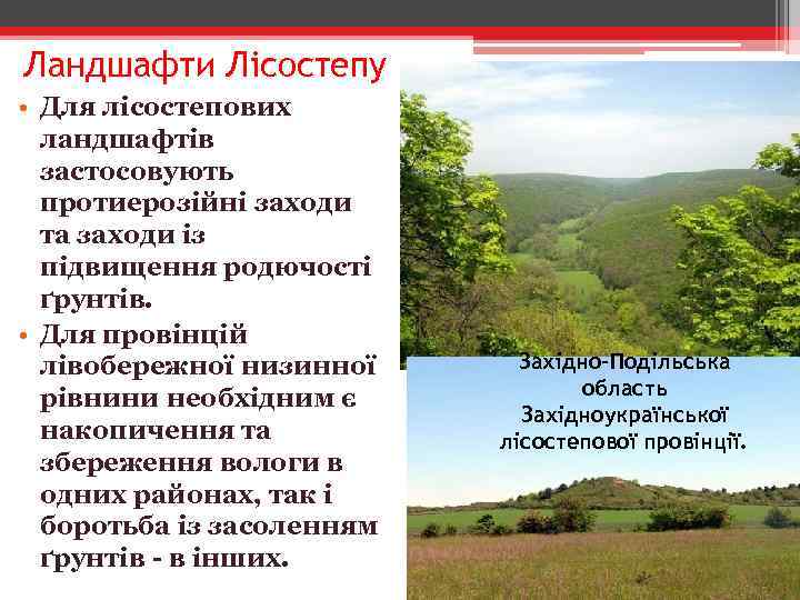 Ландшафти Лісостепу • Для лісостепових ландшафтів застосовують протиерозійні заходи та заходи із підвищення родючості