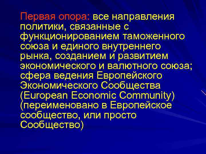 Первая опора: все направления политики, связанные с функционированием таможенного союза и единого внутреннего рынка,