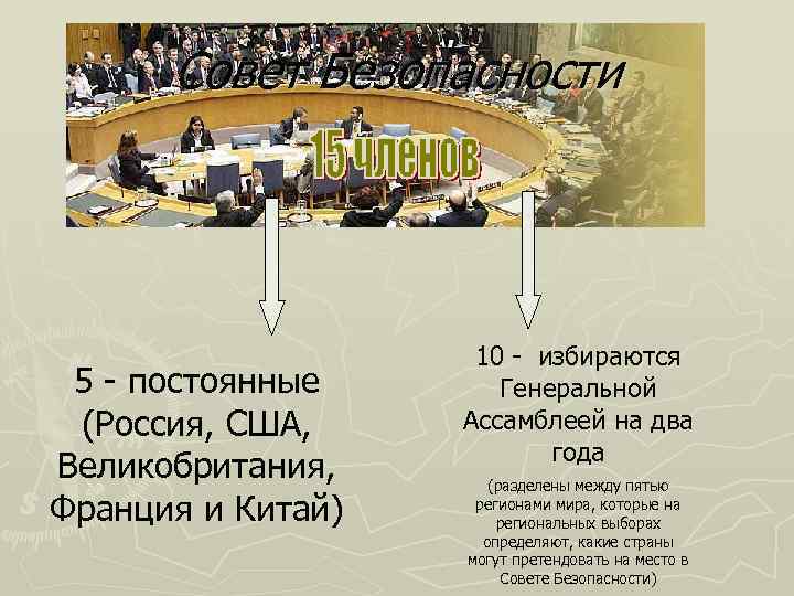 Совет Безопасности 5 - постоянные (Россия, США, Великобритания, Франция и Китай) 10 - избираются