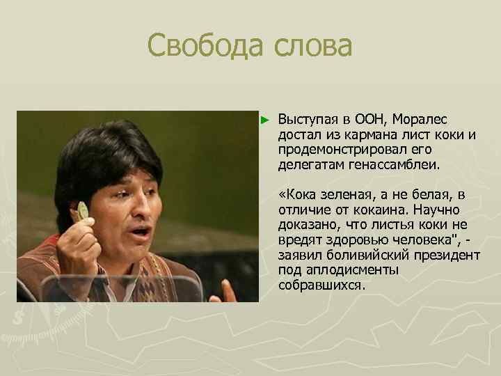Свобода слова ► Выступая в ООН, Моралес достал из кармана лист коки и продемонстрировал