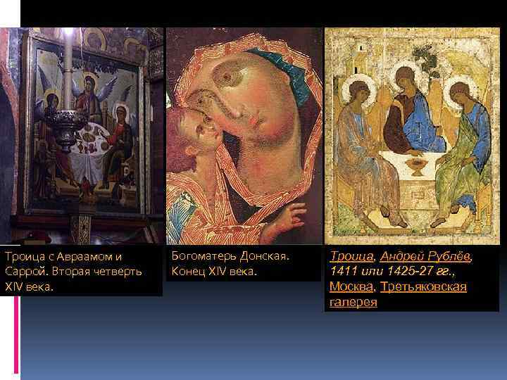 Троица с Авраамом и Саррой. Вторая четверть XIV века. Богоматерь Донская. Конец XIV века.