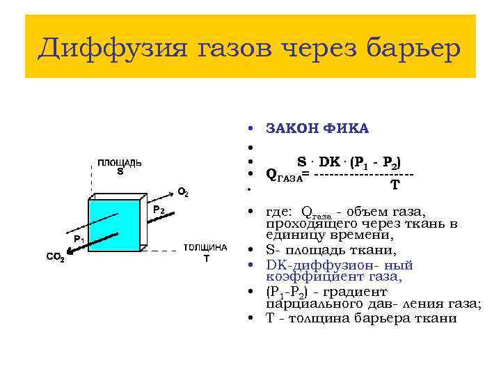 Диффузия газов через барьер • ЗАКОН ФИКА • • S. DK. (P 1 -