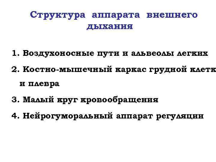 Структура аппарата внешнего дыхания 1. Воздухоносные пути и альвеолы легких 2. Костно-мышечный каркас грудной