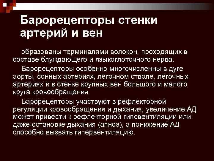 Барорецепторы стенки артерий и вен образованы терминалями волокон, проходящих в составе блуждающего и языкоглоточного