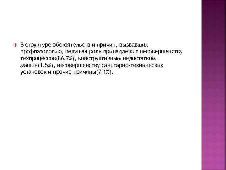  В структуре обстоятельств и причин, вызвавших профпатологию, ведущая роль принадлежит несовершенству техпроцессов(86, 7%),