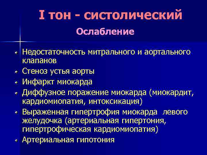 I тон - систолический Ослабление Недостаточность митрального и аортального клапанов Стеноз устья аорты Инфаркт