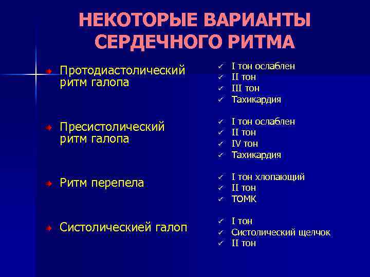 НЕКОТОРЫЕ ВАРИАНТЫ СЕРДЕЧНОГО РИТМА Протодиастолический ритм галопа ü ü Пресистолический ритм галопа ü ü