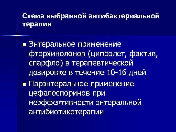 Схема выбранной антибактериальной терапии Энтеральное применение фторхинолонов (ципролет, фактив, спарфло) в терапевтической дозировке в