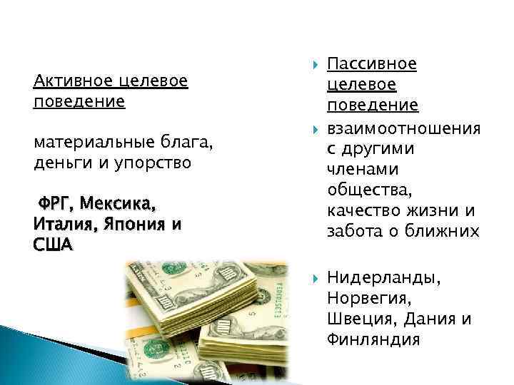 Активное целевое поведение материальные блага, деньги и упорство ФРГ, Мексика, Италия, Япония и США