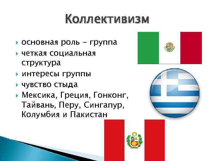 Коллективизм основная роль - группа четкая социальная структура интересы группы чувство стыда Мексика, Греция,