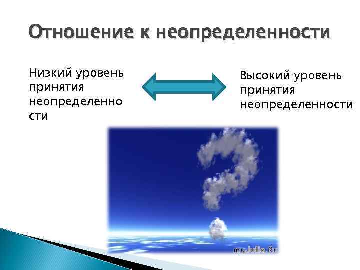 Отношение к неопределенности Низкий уровень принятия неопределенно сти Высокий уровень принятия неопределенности 