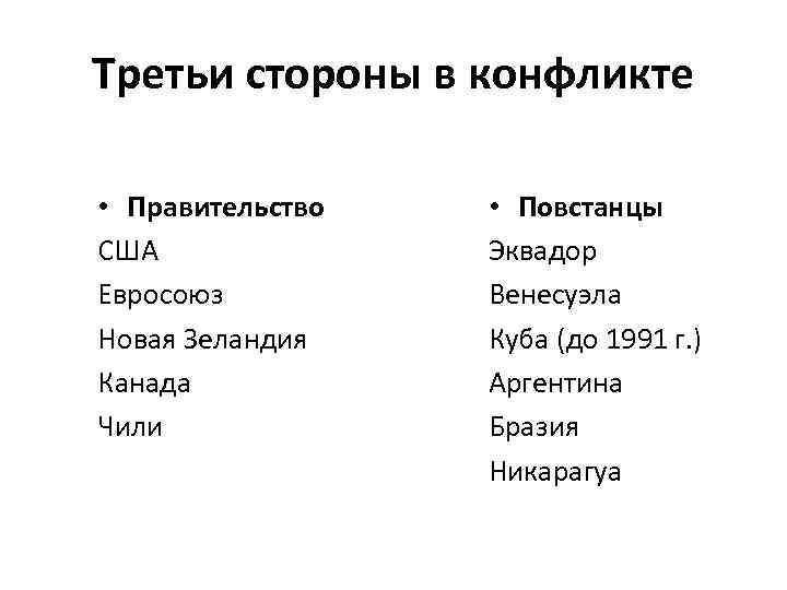 Третьи стороны в конфликте • Правительство США Евросоюз Новая Зеландия Канада Чили • Повстанцы