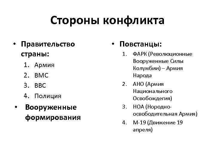 Стороны конфликта • Правительство страны: 1. 2. 3. 4. Армия ВМС ВВС Полиция •