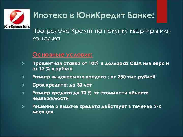 Ипотека в Юни. Кредит Банке: Программа Кредит на покупку квартиры или коттеджа Основные условия: