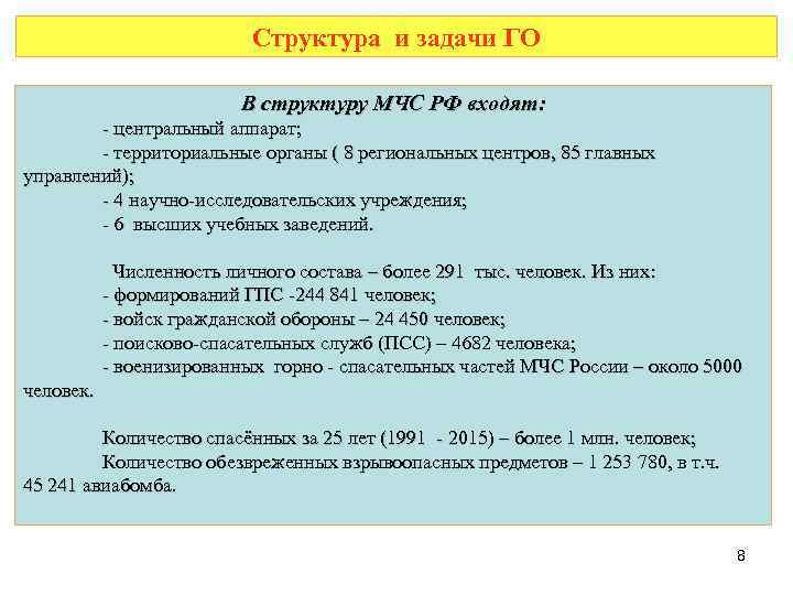 Структура и задачи ГО В структуру МЧС РФ входят: - центральный аппарат; - территориальные