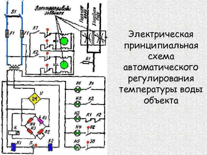 Электрическая принципиальная схема автоматического регулирования температуры воды объекта 