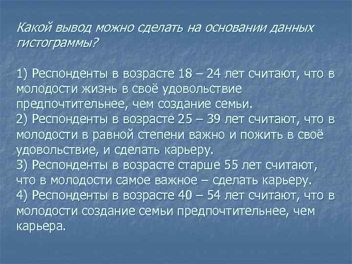 Какой вывод можно сделать на основании данных гистограммы? 1) Респонденты в возрасте 18 –