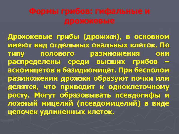 Формы грибов: гифальные и дрожжевые Дрожжевые грибы (дрожжи), в основном имеют вид отдельных овальных