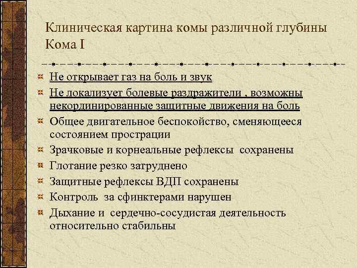 Клиническая картина комы различной глубины Кома I Не открывает газ на боль и звук